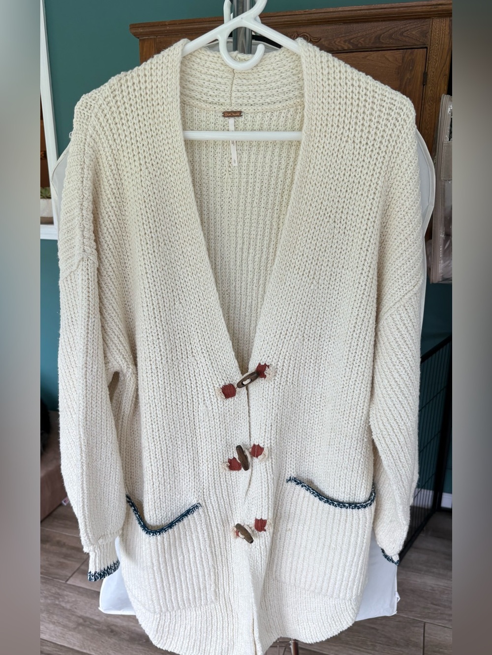 Free People Cream Chunky Knit Cardigan Sweater with Toggle Closures
